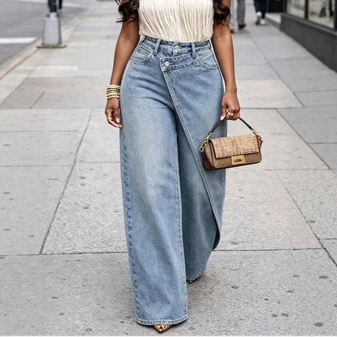 SuperAen American Retro Design High Waist Asymmetrical Skirt Pants Slim Loose Straight Casual Long Wide Leg Pants