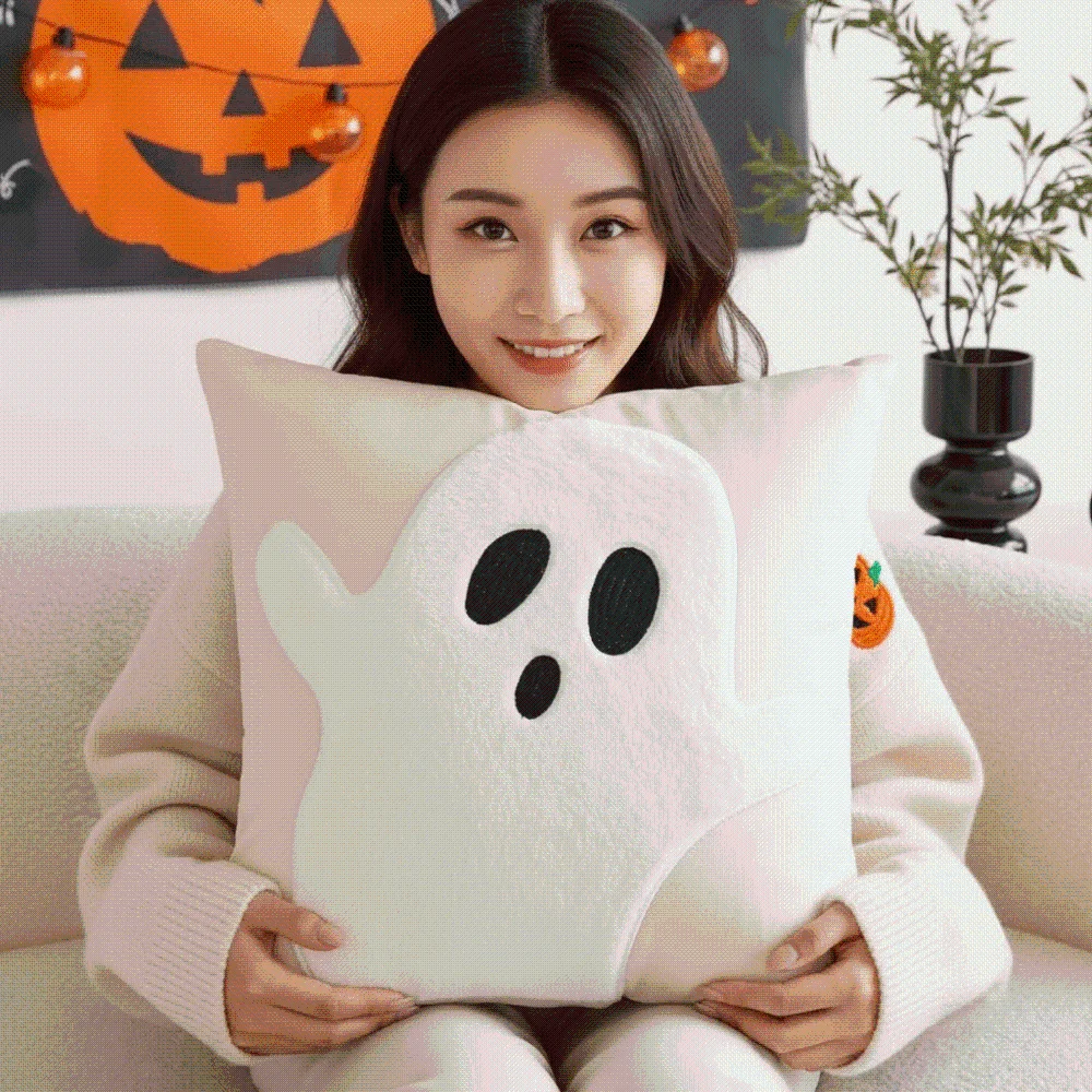 Soft Plush Pumpkin Pillow Case Square Shape Warm Texture Halloween Cushion Cover Orange Cute Embroidery Ghost Cushion Shell