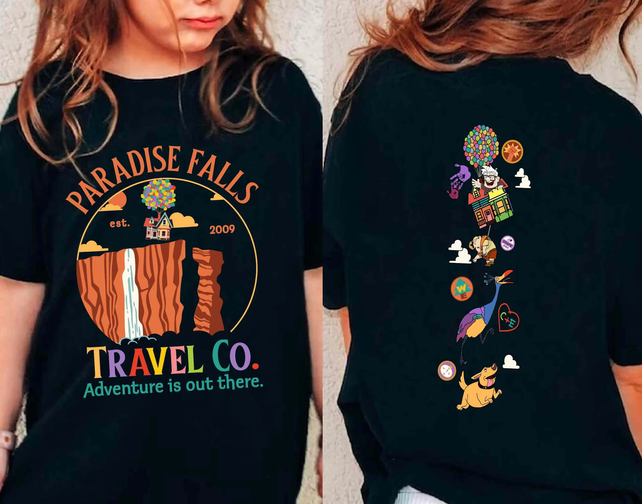 تي شيرت "Double Face Movie" Paradise Falls Vacation Trip 2009 بألوان مريحة، Carl Kevin Dugger Dog Russell، فستان عائلة ديزني #6