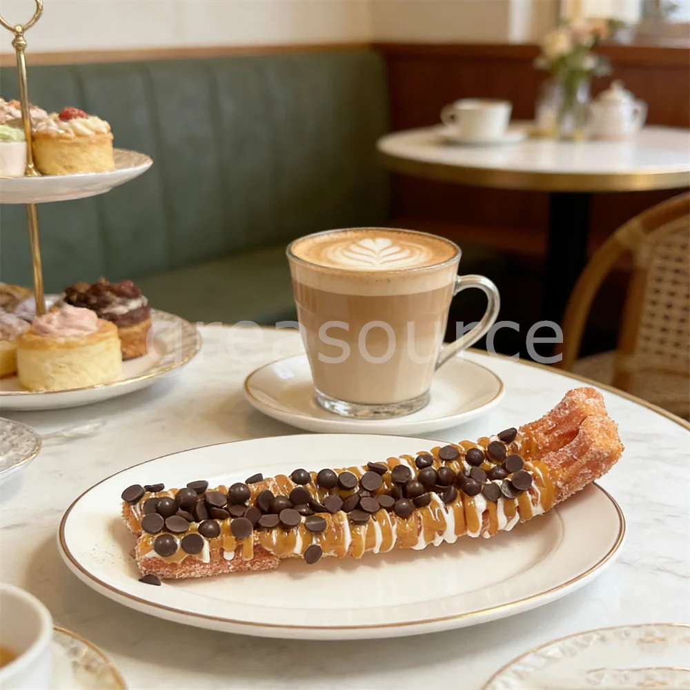 Modelo de Churro Español Realista de 9.5 Pulgadas, Postre Artificial con Chispas de Chocolate, Caramelo y Salsa Blanca, para Exhibición en Vitrinas de Cafeterías
