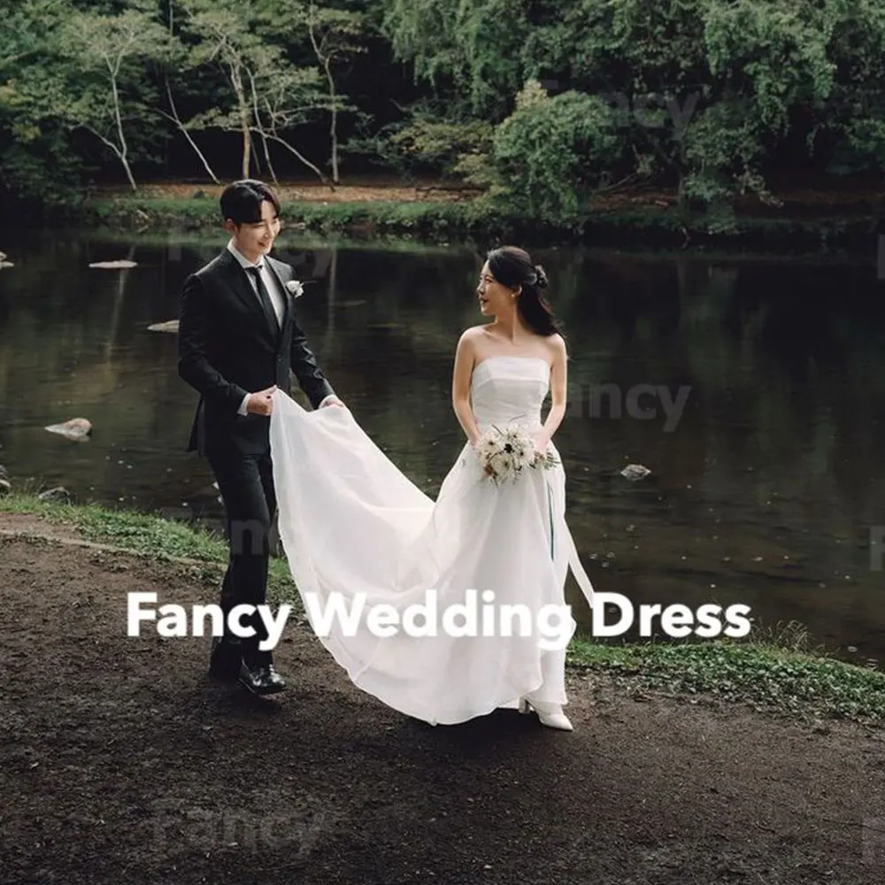 

Fancy Simple Taffeta Wedding Dress Korea Photography A Line Strapless Bridal Gown Floor Length Back Corset Customized
