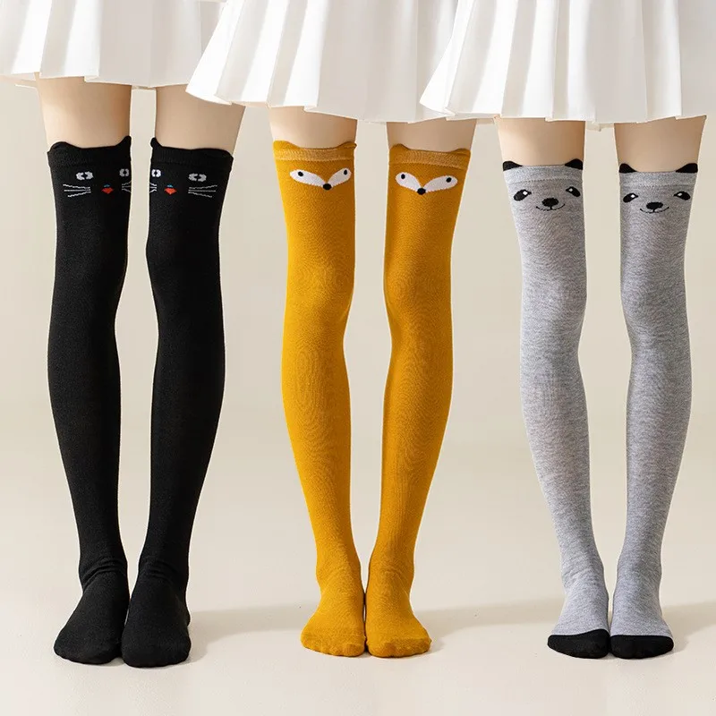 Japanese Cute Cartoon Cat Bear Fox Ears Solid Color Black Yellow Gray Long Tube Over Knee Socks Polyester Cotton Preppy Style