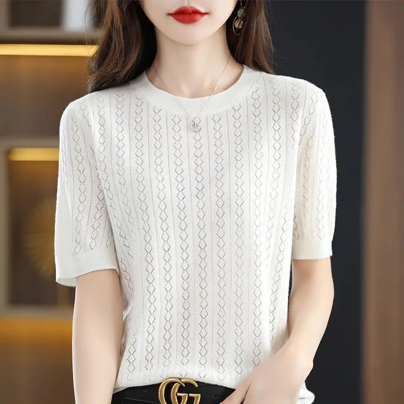 Ice Silk Short Sleeve T-shirt Women\'s Summer New Round Neck Cutout Loose and Versatile Thin Knit Half-sleeved Base Shirt Top