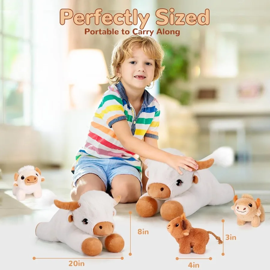 4 Pieces Highland Cow Stuffed Animals - White Plush Cows with 3 Babies - Cute Cows Plush Toys for Girls Age 3-8 - Ideal Christm