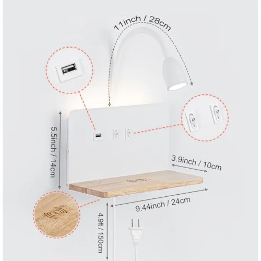 Bedside Wall Sconces with Wireless Charging Station and USB Charging 3 Adjustable Color Temperatures LED Reading light 3000K Wa