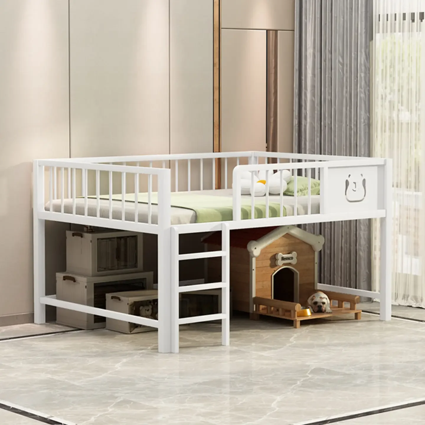 a*-Wrought iron semi-high bed for home children boys and girls combined loft bed small apartment thickened adult suspended.