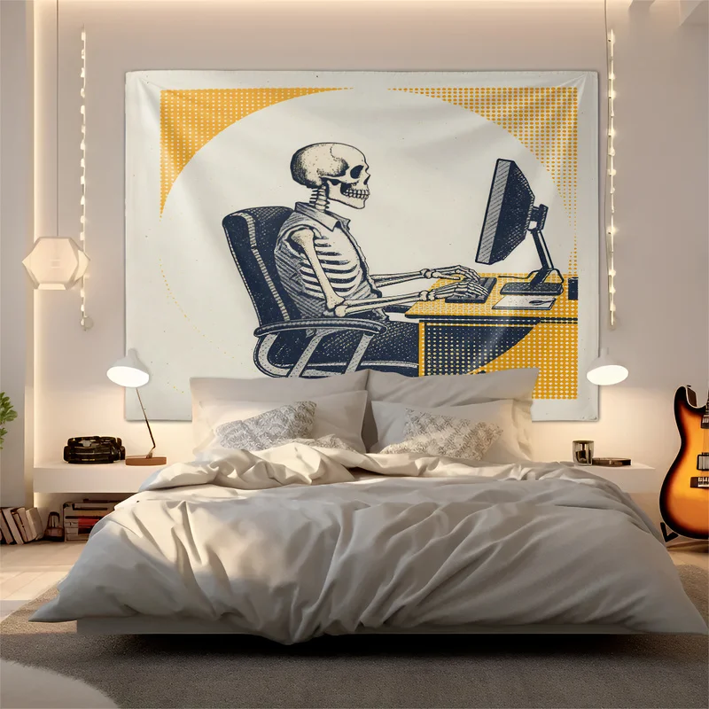 Skeleton Office Worker Wall Tapestry Gothic Skull Typing On Computer Print Wall Hanging Vintage Home Dorm Decor Halloween Gift