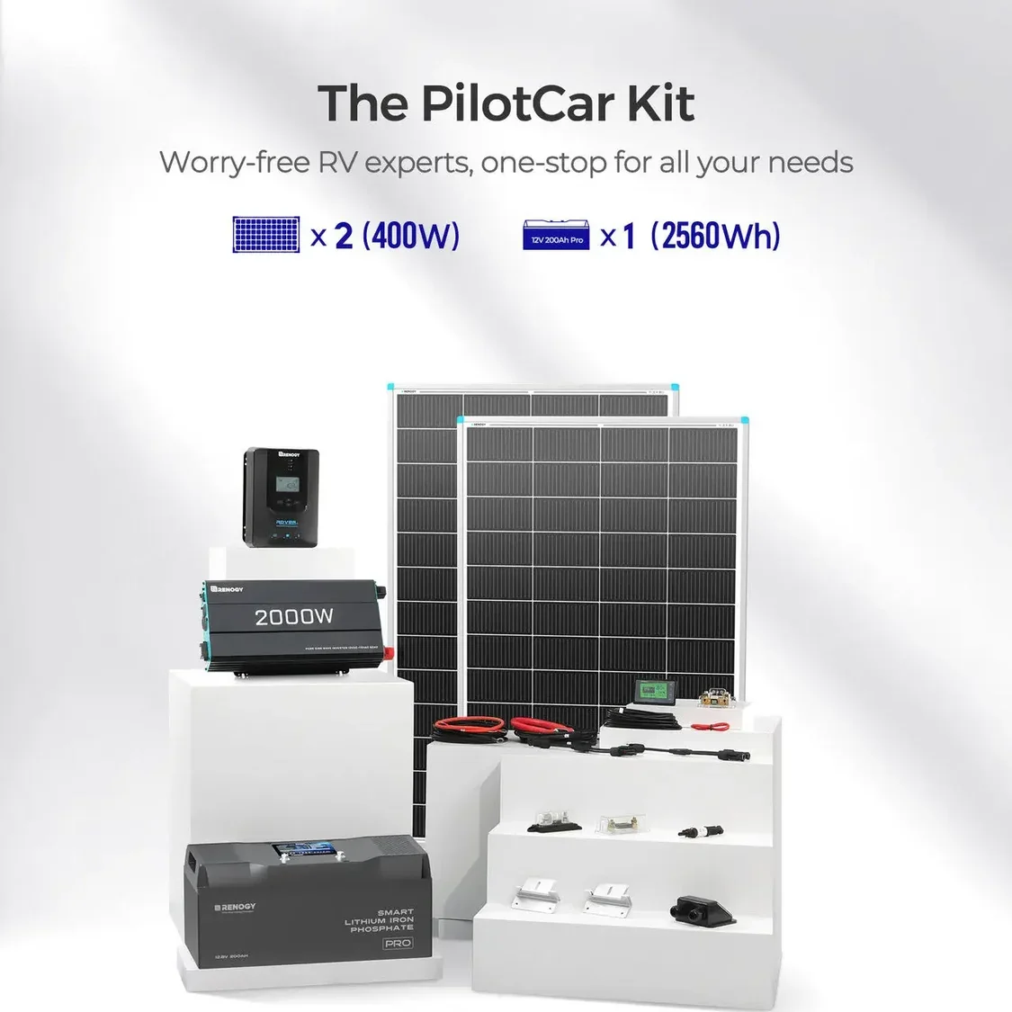 Renogy RV Solar Power Kit 2.56/5.12/7.68kWh LiFePO4 Battery 2000W/3000W Pure Sine Wave Inverter 400W/600W N-Type Solar Panels Off-Grid Power System