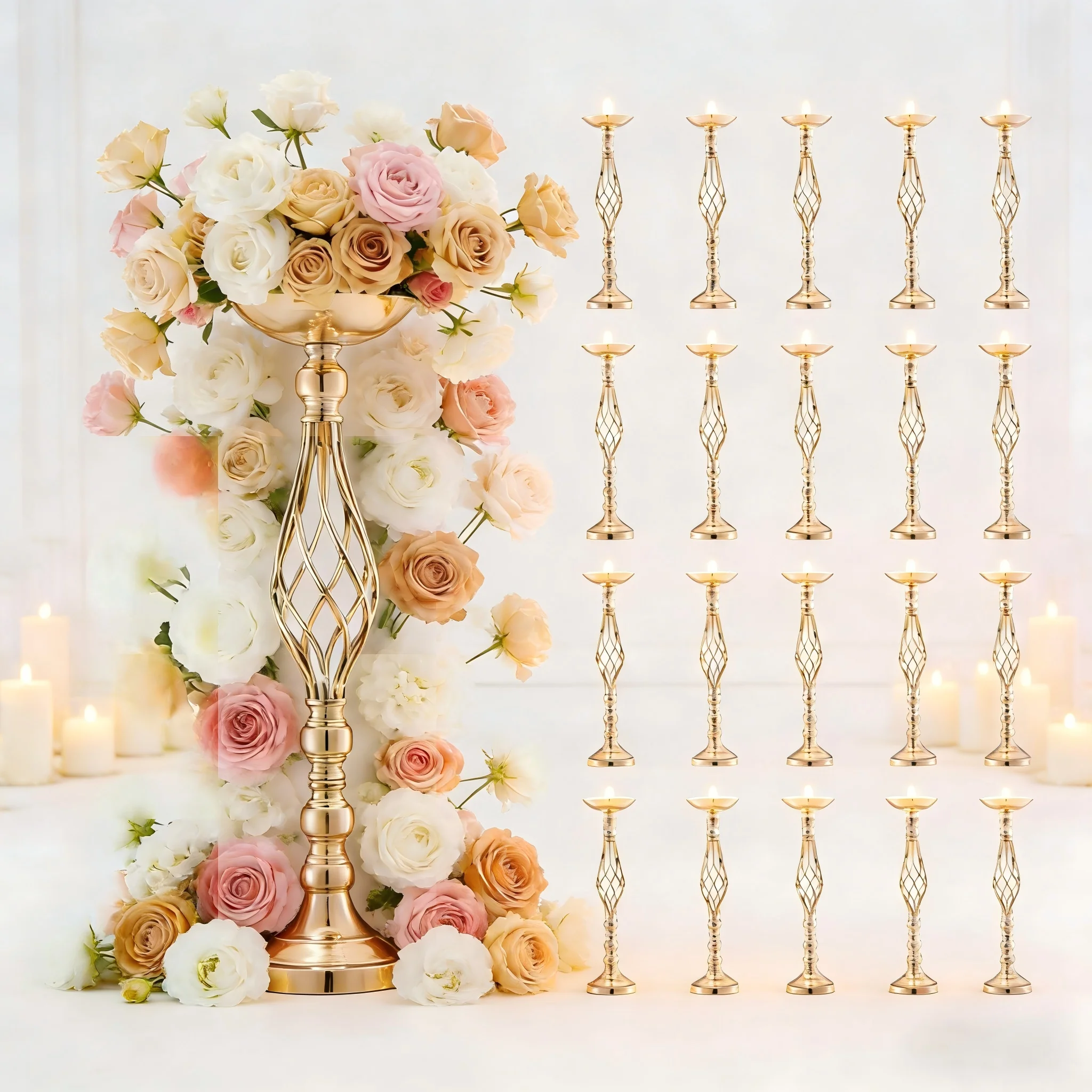 20 Pcs Metal Gold Wedding Vases 58cm Height Table Flower Rack Home Decorative Vase Set for Party Decoration