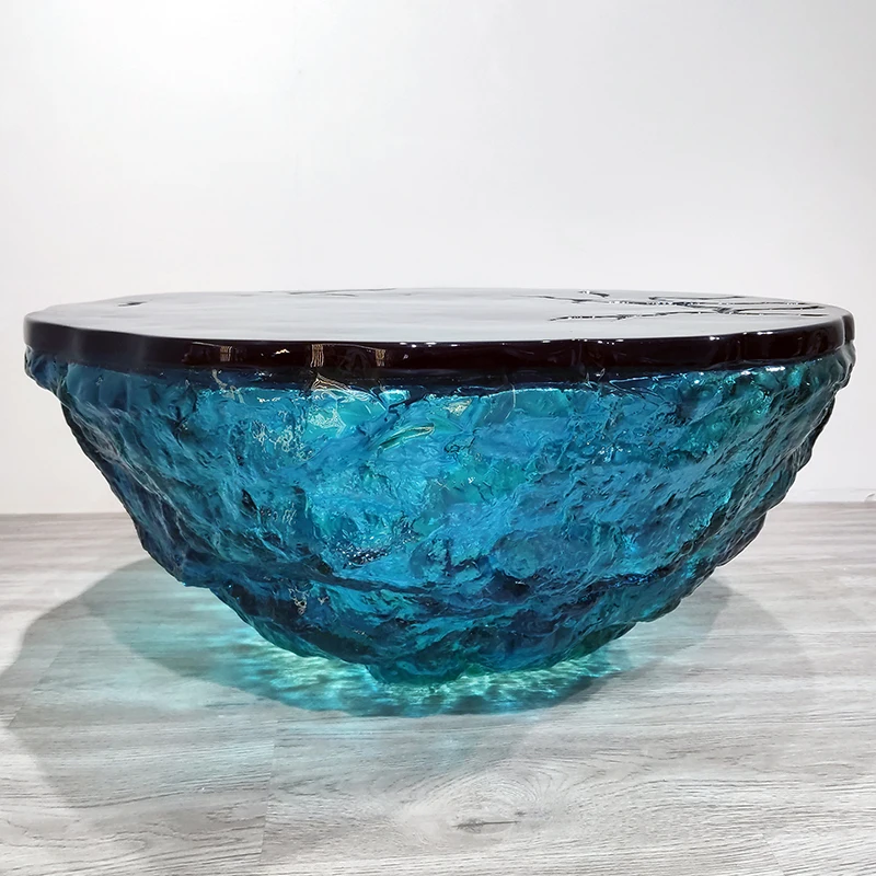 Modern style luxury blue transparent round designed living room resin coffee tables natural marble wholesale customization