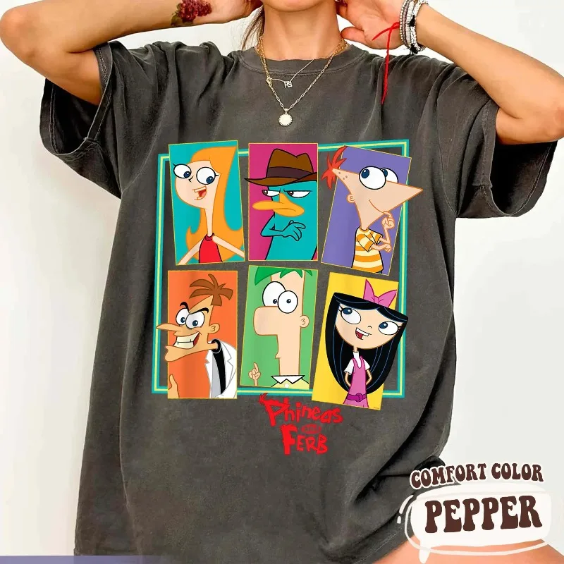 تي شيرت Disney Phineas and Ferb Collage، تي شيرت Platypus Perry طوال الموسم كاجوال وعصري للجنسين من القطن الخالص ملابس الشارع