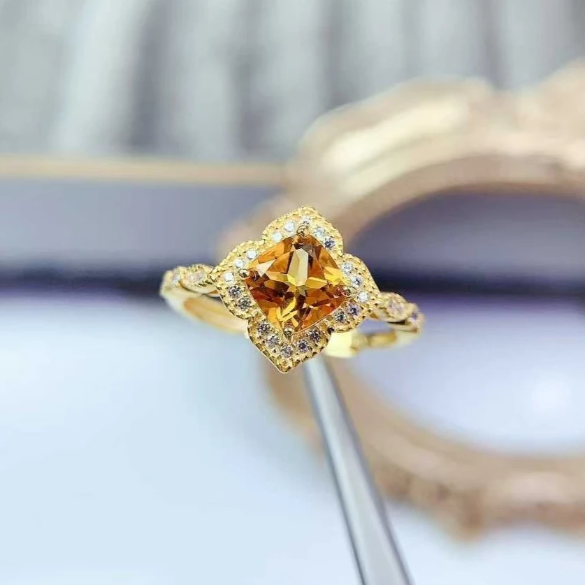 

Real 925 Silver Crystal Ring Natural Citrine Ring 6mm 0.8ct Genuine Brazil Citrine Jewelry with 18K Gold Plating