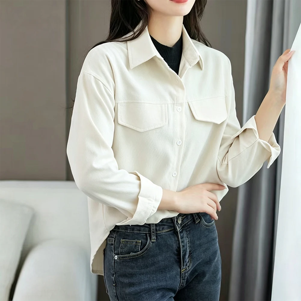Women's Solid Color 1POLO Loose Corduroy Shirt Jacket Workwear Double Fake Pocket Decoration Tops 1PCS