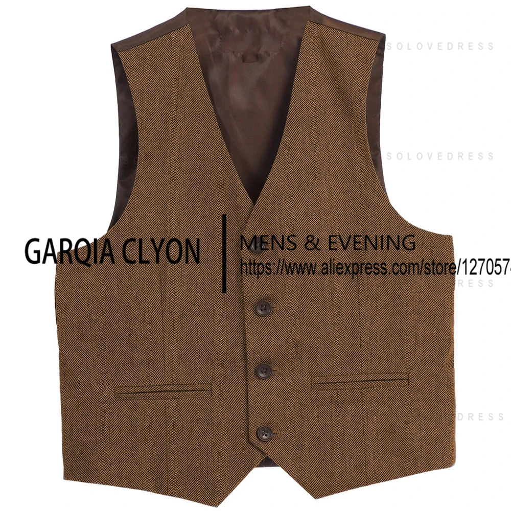 Men's Suits Vests Deep V Neck Simple Herringbone Tweed Slim Fit Single Breasted Business Men's  Waistcoat  For Wedding