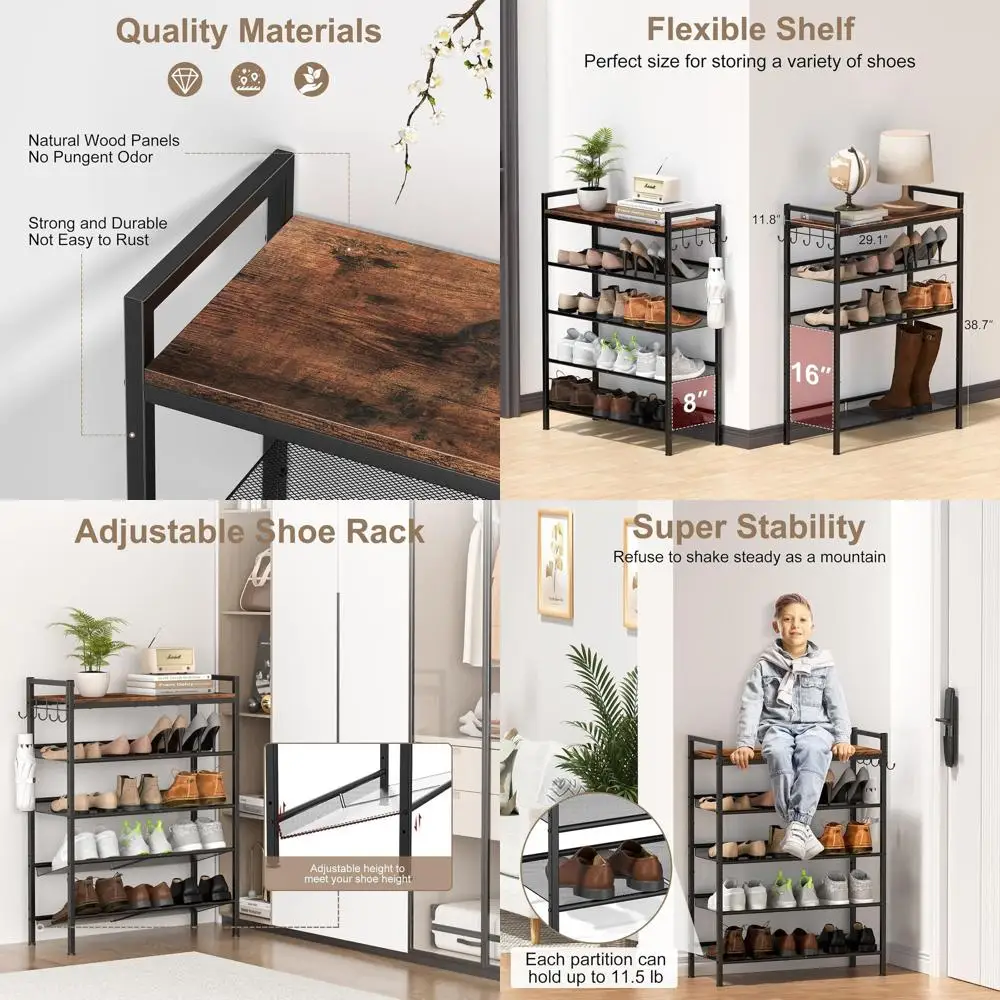 

5-Tier Adjustable Metal Shoe Rack with Wooden Top for Entryway, Bathroom, and Bedroom - Includes Hooks