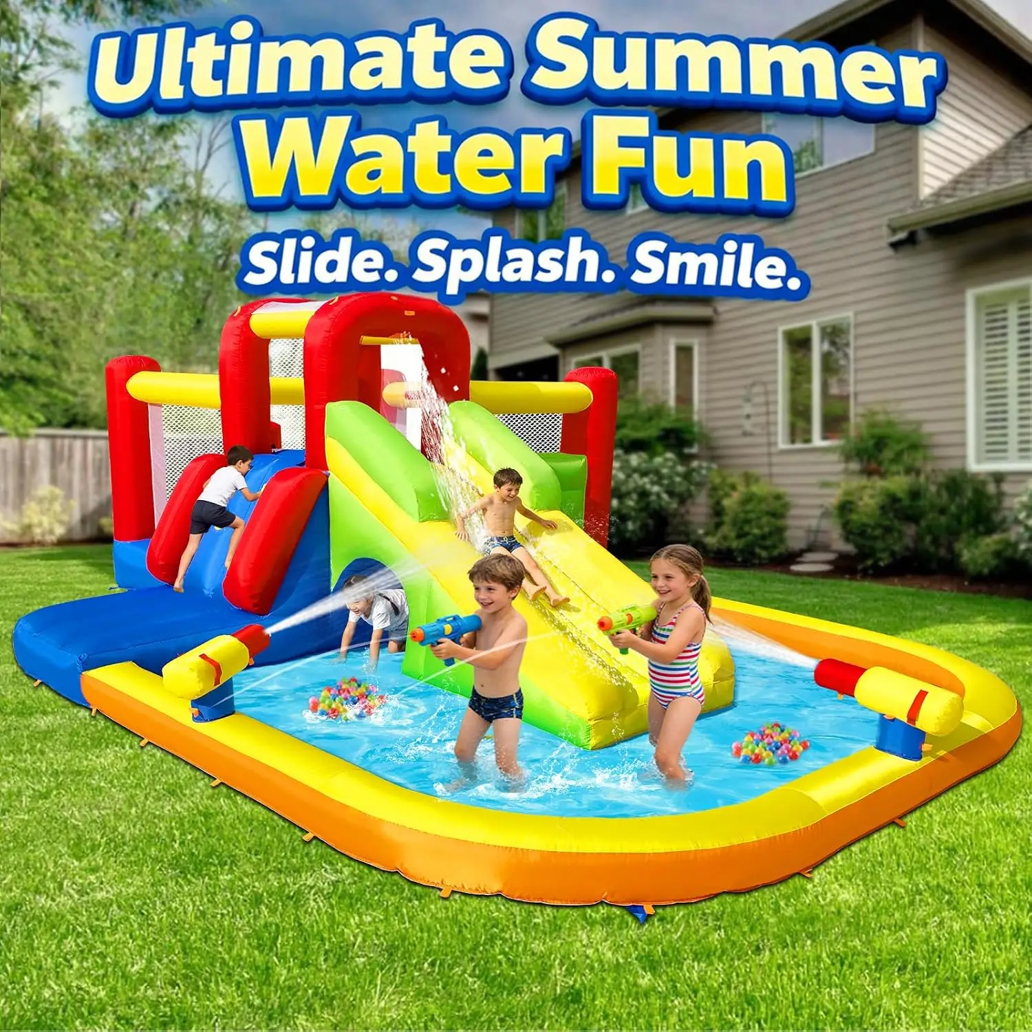 Hongcoral Inflatable Water Slide Bounce House for Kids, 12-In-1 Water Park with Splash Pool, Double Cannons, 2 Climbing Walls, T