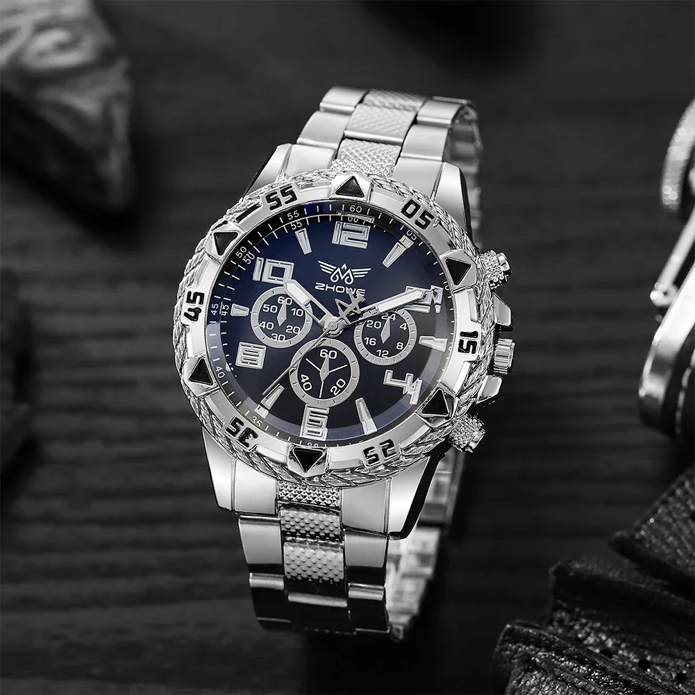 Three eye fashionable steel strap watch, gift steel strap men's watch