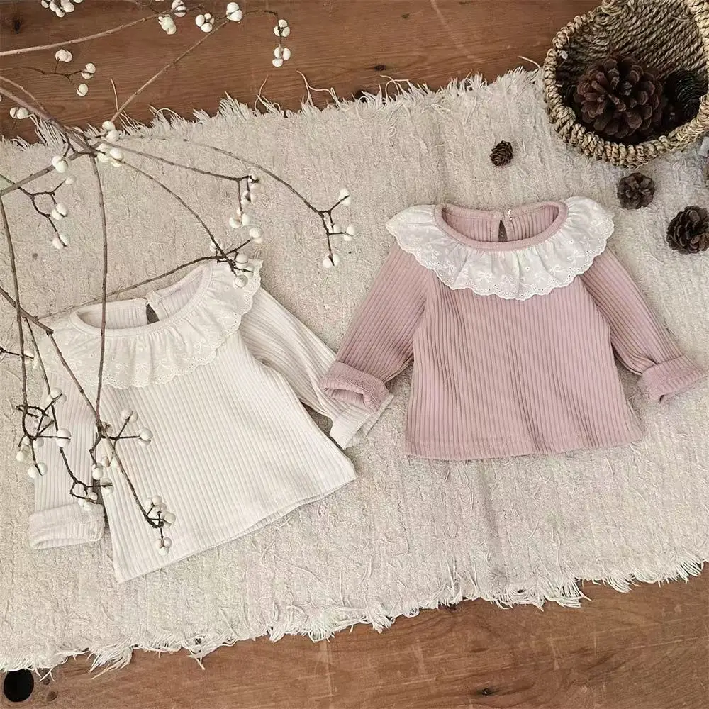 

Spring and Autumn New Girl's T-shirt Infant Pit Bar Lace Lotus Leaf Collar Long Sleeve Top Baby Girl Princess Base Shirt