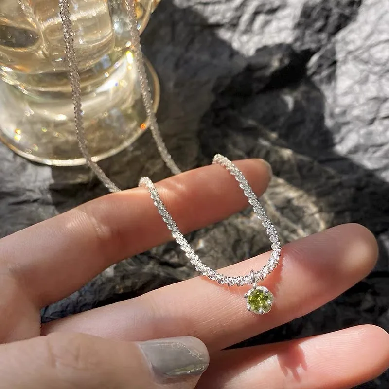 Collar Vintage de Plata de Ley 925 para mujer, cadena de clavícula brillante, colgante de Gypsophila de diamante verde, joyería de boda
