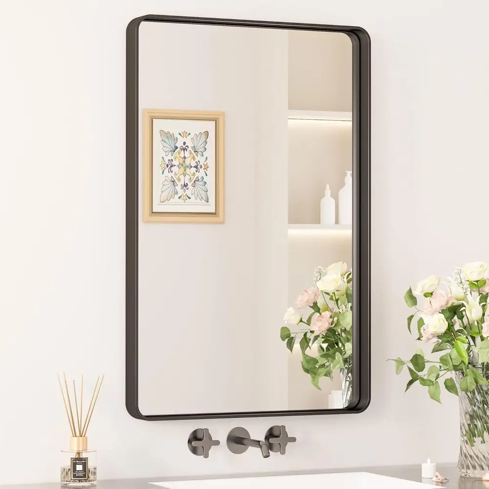 

Rounded Matte Black 20x30 Inch Tempered Glass Vanity Mirror with Seamless Design