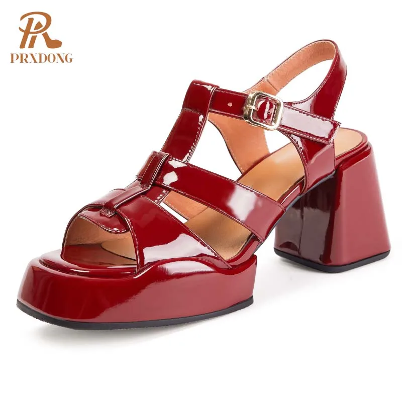 PRXDONG Women\'s Shoes New Summer Qulaity Genuine Leather Square High Heels Platform T-strap Pink Red Dress Party Lady Sandals 39