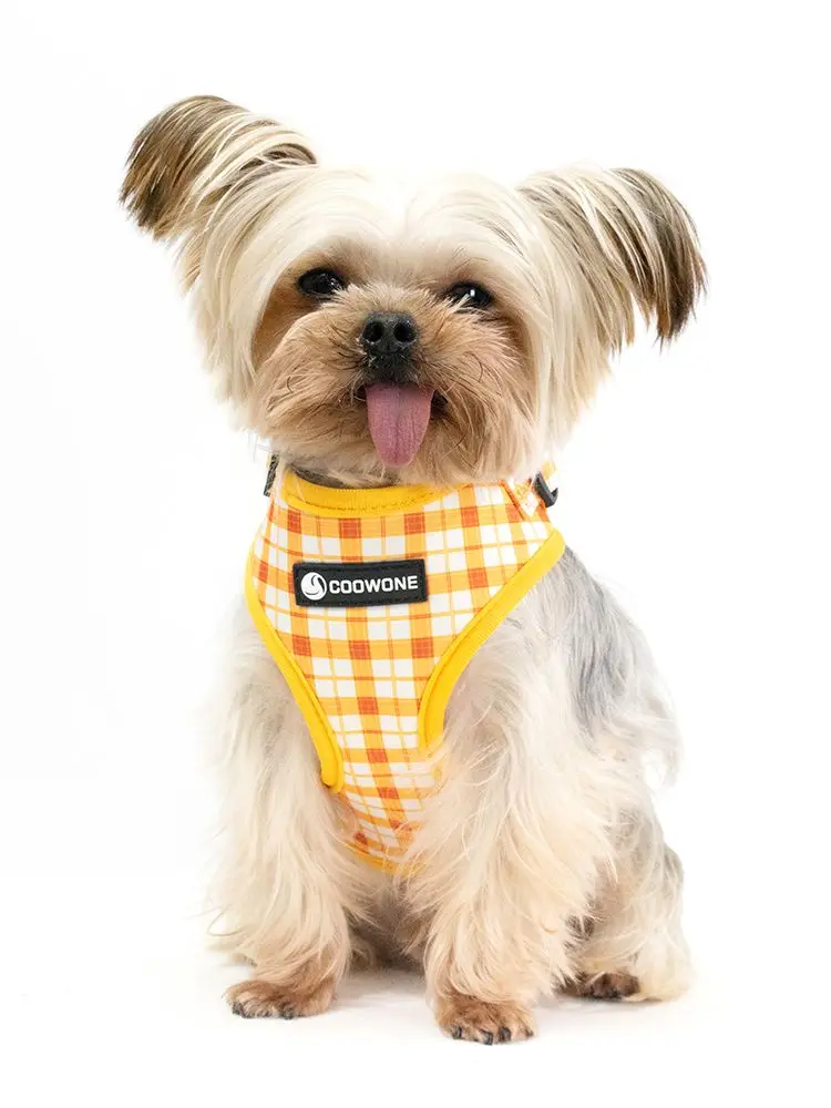 Collarlogo Adjustable Pet Dog Collar Durable Soft Creative Yellow White Plaid Design Leash Neoprene Harness Poop Bag Dispenser