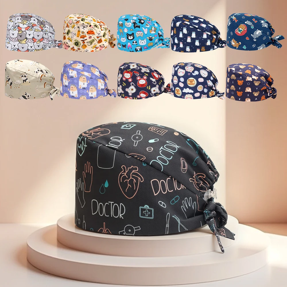 Medical Cotton Cap Breathable Long Hair Dentist Hats for Men Women Pet Vet Scrub Working Cap Print M1003
