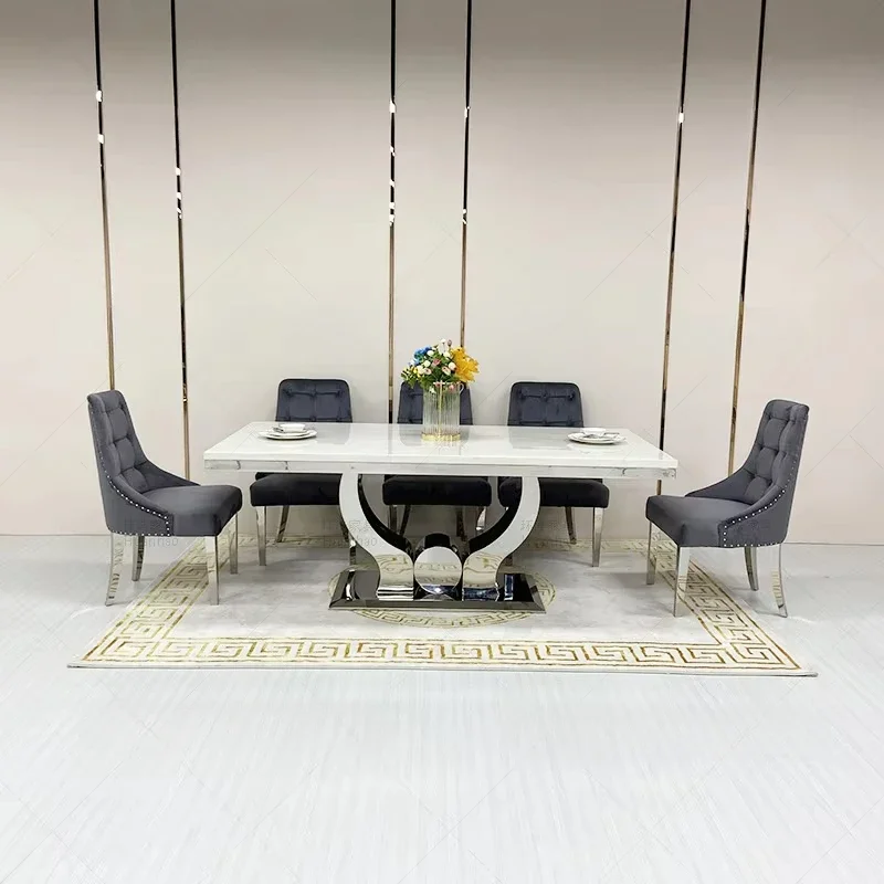 

Dining Tables Sets with A Table and Six or Eight Chairs Modern Cheap High Quality Dining Room Silver Gold Stainless Steele