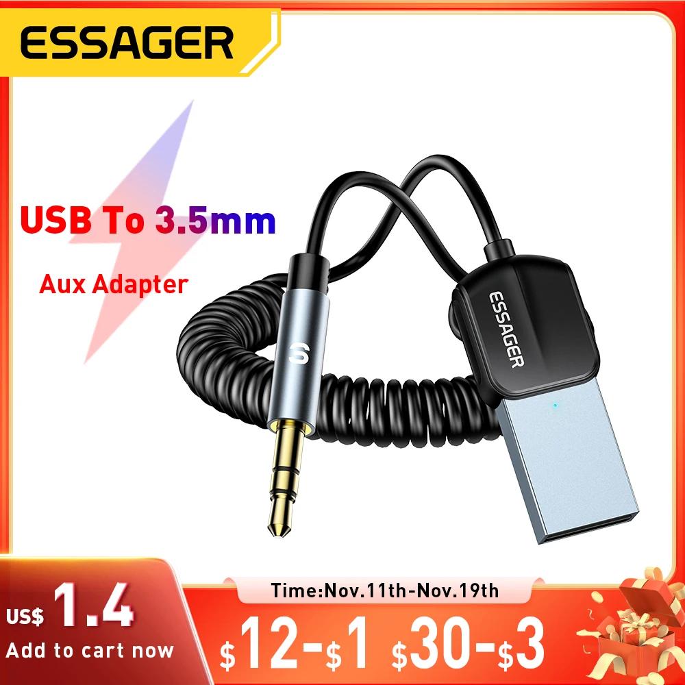 Essager USB Bluetooth 5.0 Receiver Aux Bluetooth Adapter For Car 3.5mm Jack Speaker Auto Handfree Car Audio Music Transmitter