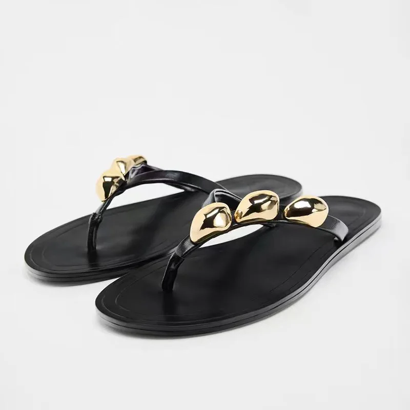 

TRAF metal decorate flip flops slippers for woman summer black round head pinch toe flat sandals women leisure coolness shoes