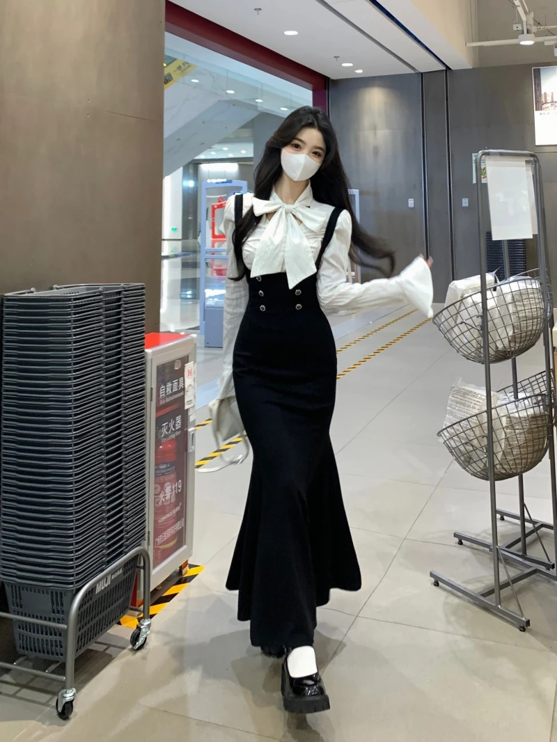 Plus Size Dames Jarreteljurk + Overhemd Tweedelige set Herfst/winter High-end Geavanceerde temperatuur Billen Fishtail Lange rok