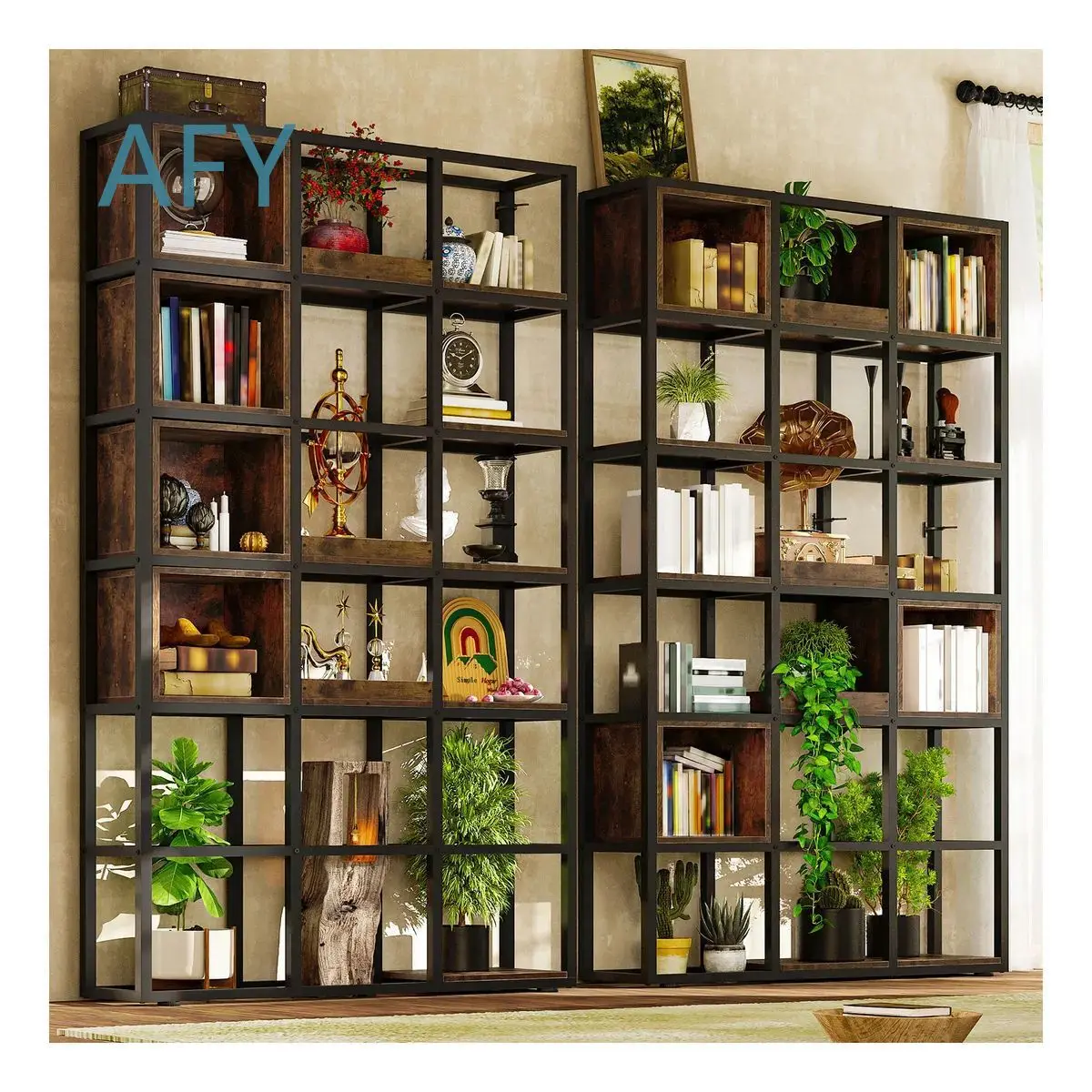 Iron Bookshelf Floor Standing Office Divider Shelf Multi Tier Display Shelf Plant Stand Curio Cabinet Living Room Storage