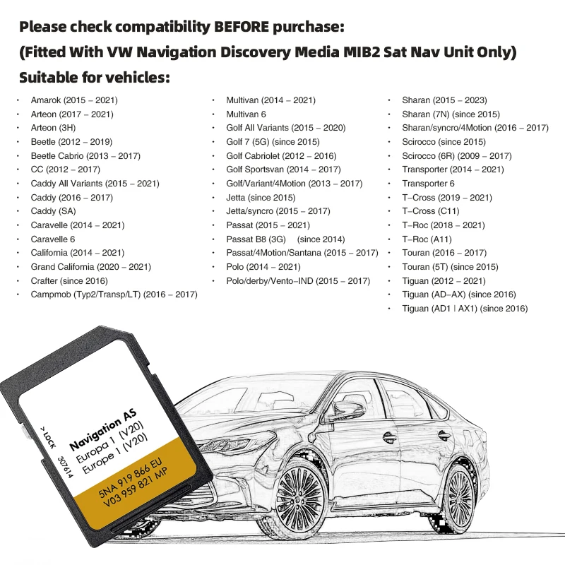 UK Europa Scheda SD Navigazione da 32 GB Mappa GPS Versione 2025 Più recente 5NA 919 866 EU per VW Tiguan AS V20