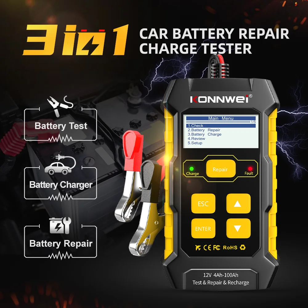 KONNWEI KW510 Car Battery Tester Full Automatic 12V Pulse Repair 5A Battery Chargers Cranking AGM Gel Car Repair Tool PK BM550