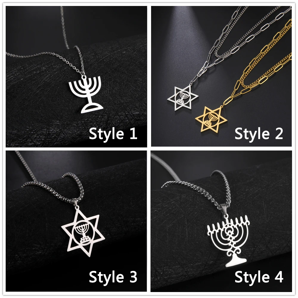 Lucktune Judaism Menorah Pendant Necklace Stainless Steel Lampstand Sacred Amulet Chain Necklace for Women Men Vintage Jewelry