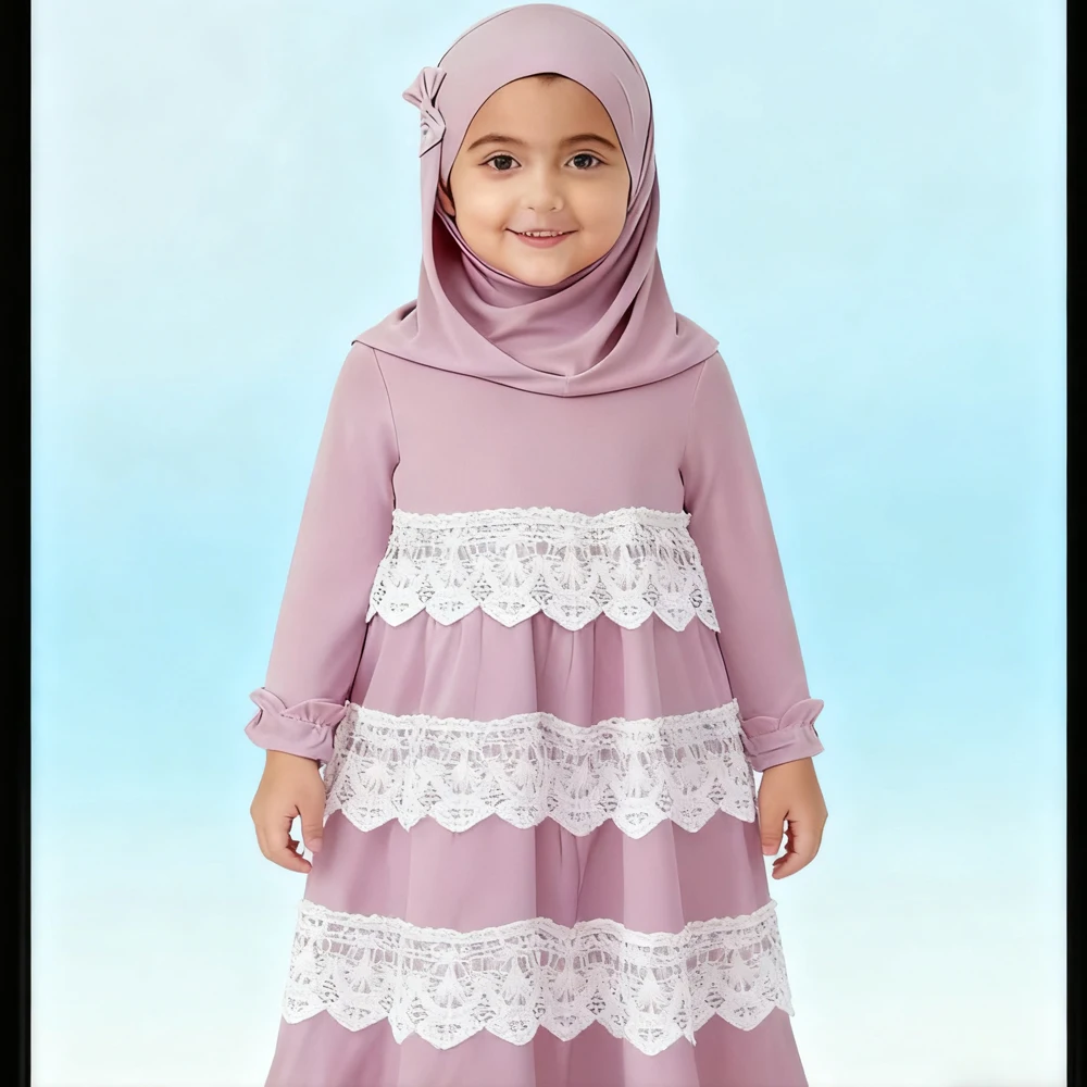 

Рамадан, мусульманское детское кружевное платье-хиджаб для девочек, молитвенная одежда, Химар Джалабия, Ид Джеллаба, накладная Абая, исламская одежда, халат