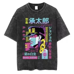 Vintage Washed TShirt Men Summer Streetwear T-shirt JoJo Bizarre Adventure Anime High Quality Cotton Casual Short Sleeve Tshirt