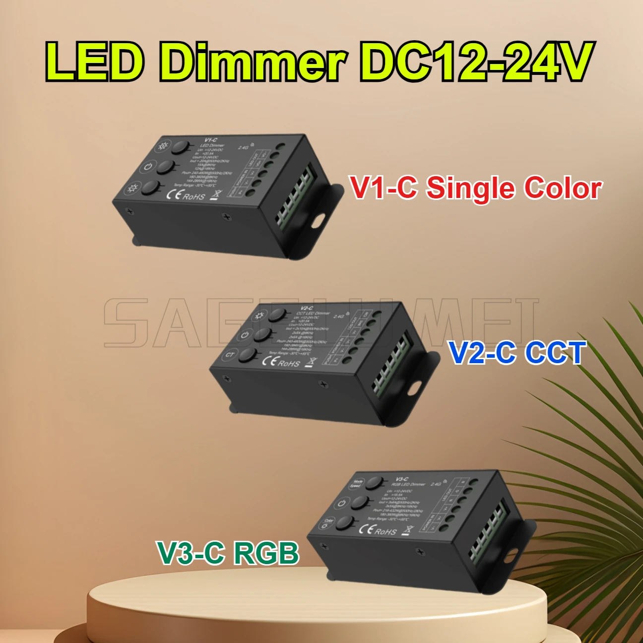 

LED Controller V1/2/3-C Skydance 12-24VDC RF2.4G 3Buttons PWM Constant Voltage Dimmer for SMD2835 3528 5050 Single Color/CCT/RGB