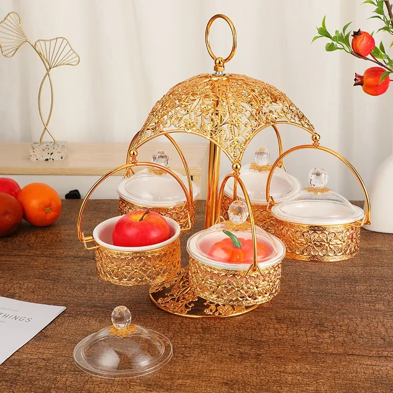 Nordic Style Metal Fruit Bowl with Lid Portable Snack Tray for Living Room Coffee Table Dried Fruit Candy Dish Home Decor