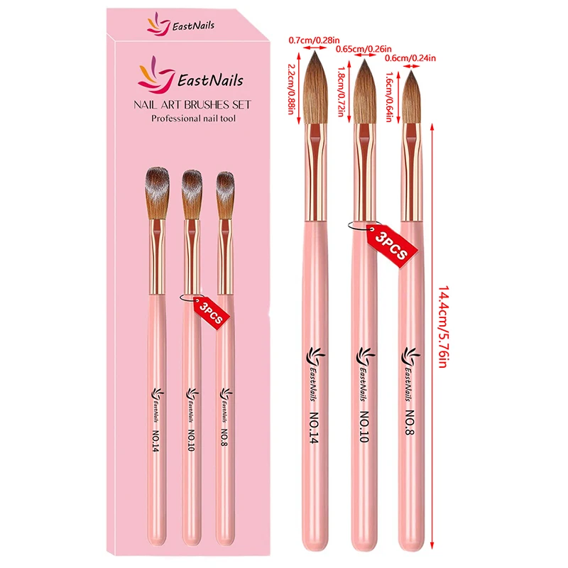 3Pcs Acrylic Nail Brush Set #8/10/14 Professional Acrylic Powder Extension Nail Brushes Nail Art 3D Carving Manicure Salon Tools