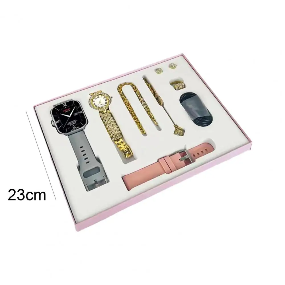 Women Rhinestone Chain Ring Necklace Earings 6-in Smartwatch Set Waterproof Fitness Watch with 100+ Sports Modes