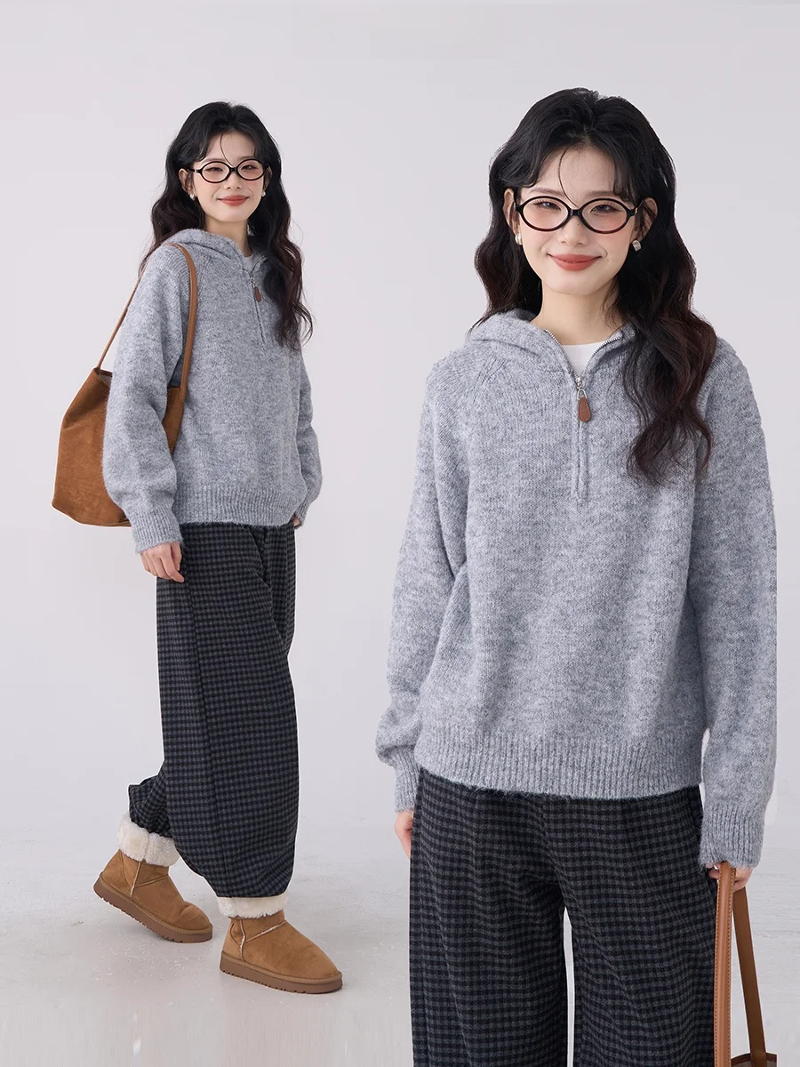 Heme Knitted Tea Rose Grey Feather Half Zipper Hooded Slim Fit Women's Sweater Spring Sweet Style Loose Version Long Sleeve