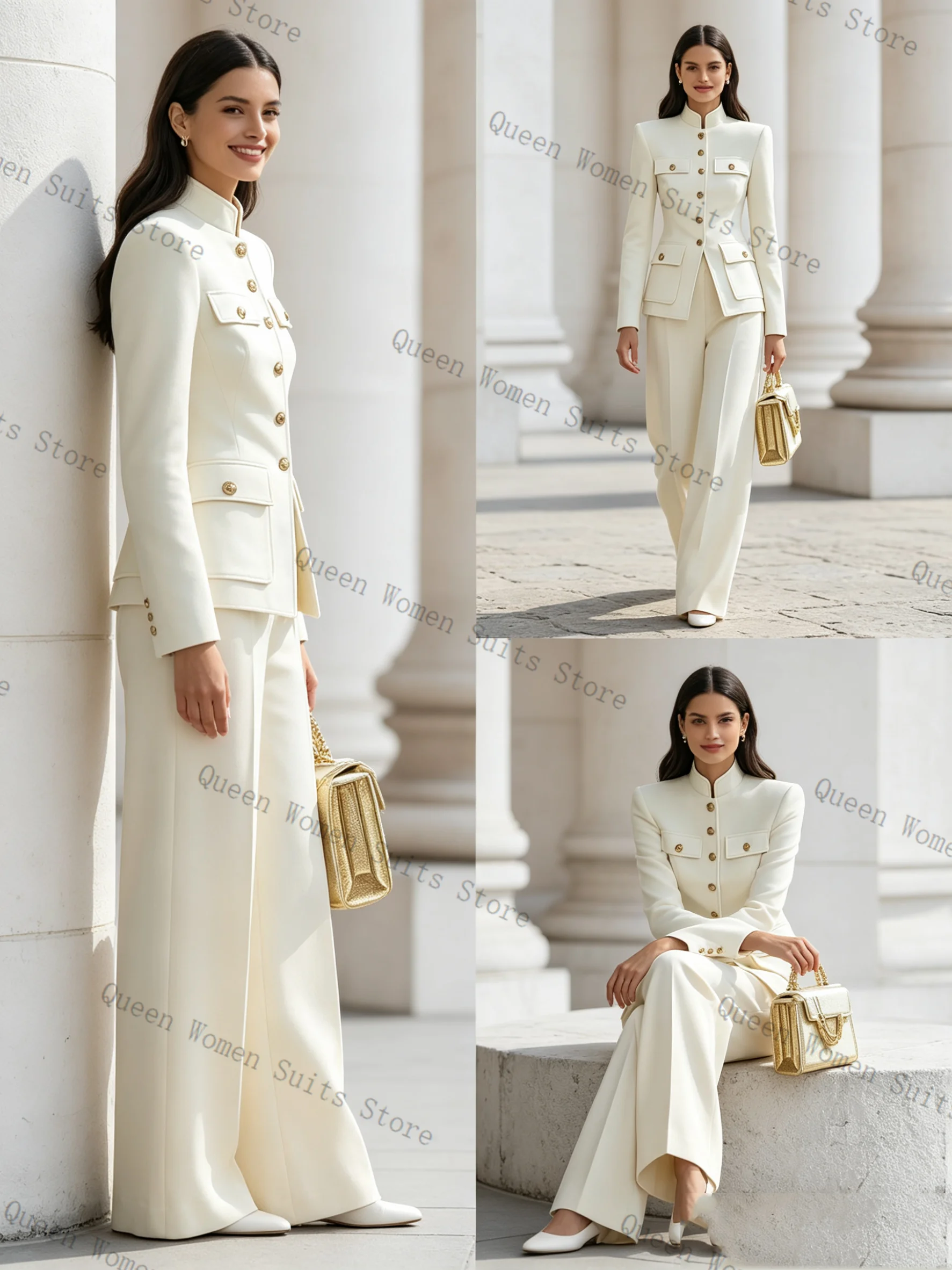 

Formal White Women Suit Pants Set 2 Pcs Blazer+Trousers High Neck Cotton Business Office Lady Jacket Wedding Coat Customized