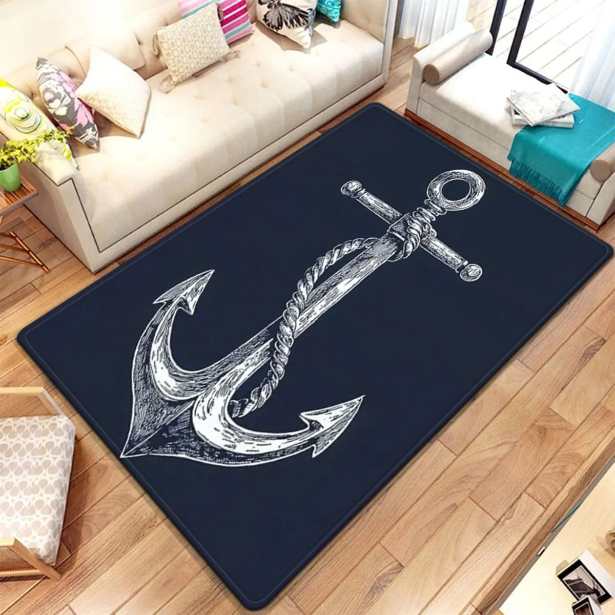 Nautical Anchor Design Rug Mat Carpet for Living Room Hallway Coastal Decor Marine Ship Print Boho Ocean Area Runner Decorative