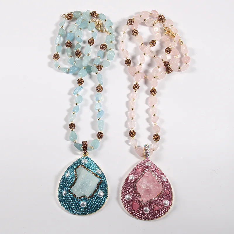 Fashion Bohemian Jewelry Blue/Pink Tourmaline stone and Crystal Semi Precious Drop Necklaces For Women