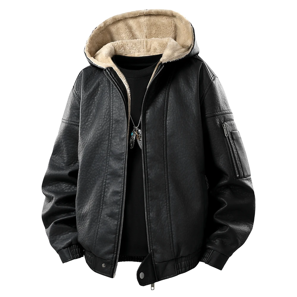 سترة جلدية كاجوال عصرية للرجال شتوية سميكة ودافئة مع قلنسوة للخروج سميكة مقاومة للرياح معطف بقلنسوة سترة لسائقي الدراجات النارية #4