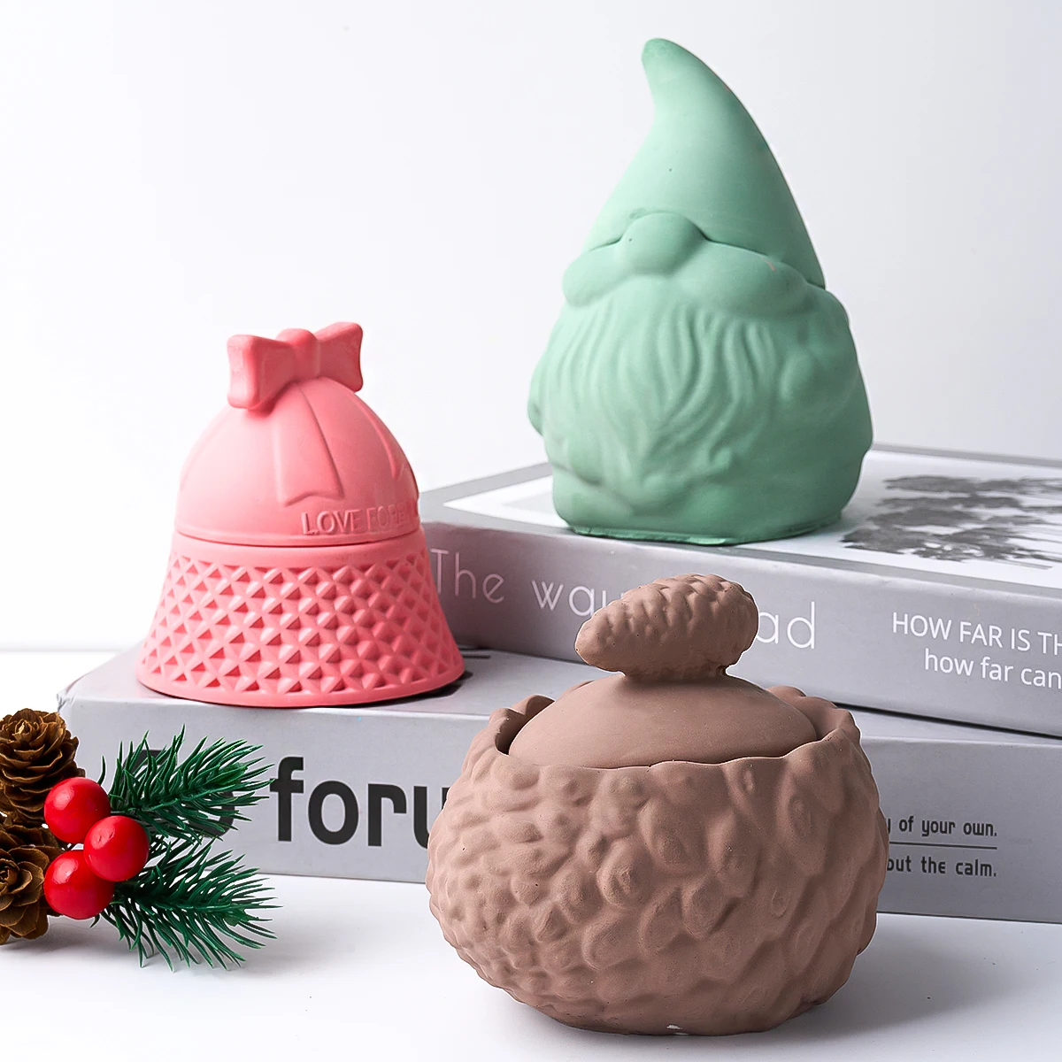 Santa Claus Storage Jar Silicone Mould DIY Handmade Concrete Bell Pinecone Candle Container Molds with Lid 3D Christmas Ornament