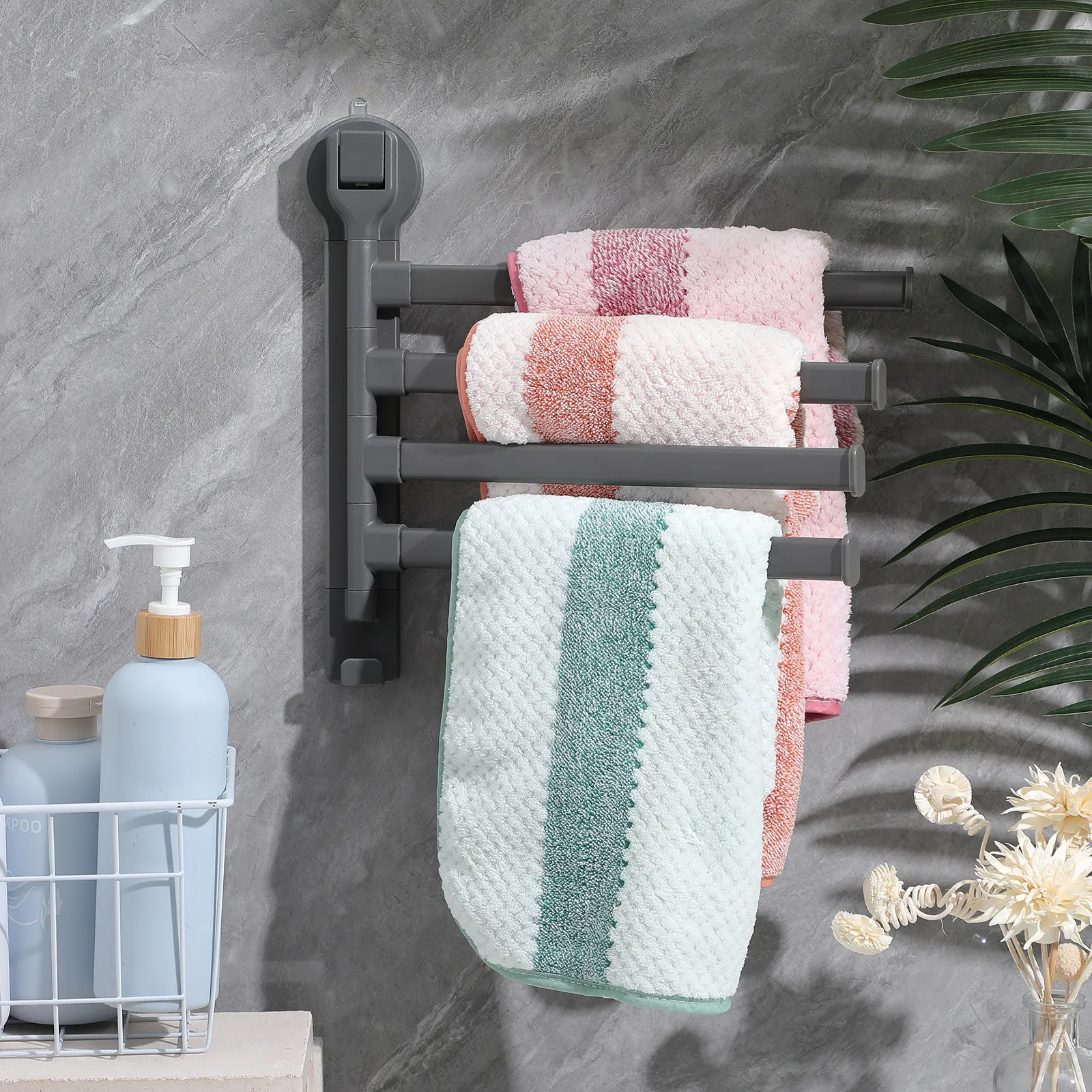 Suction Cup 4-Bar Rotating Towel Rack No Drill Bathroom Wall Mounted Swing Out Towel Holder for Smooth Surfaces