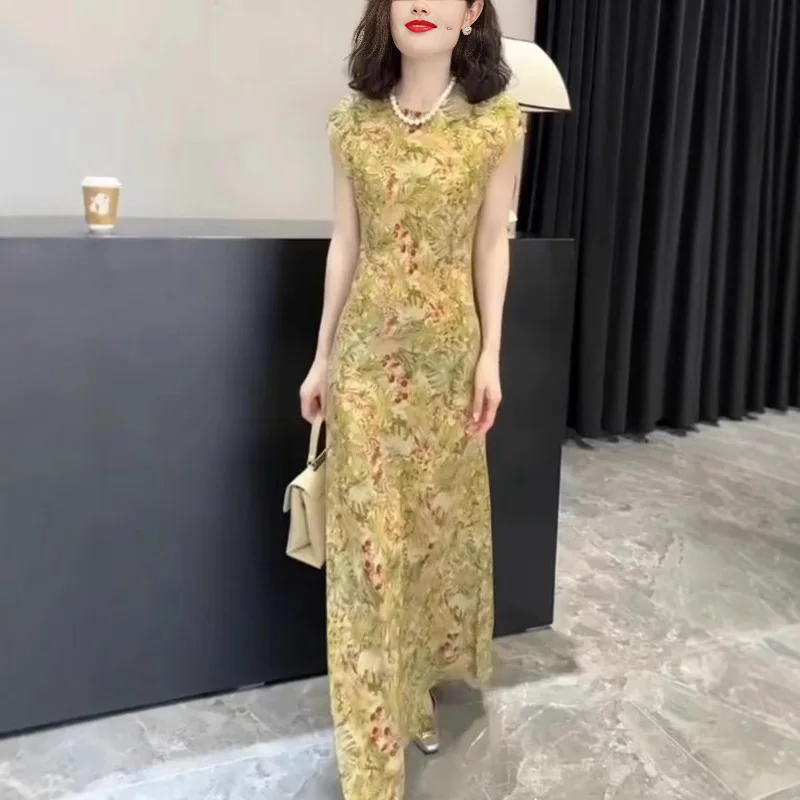 Summer New Retro Print Dr Women's Slim Fit Svel Long Dr Beautiful And Sli Polyester Knitted Thiened Basic S...
