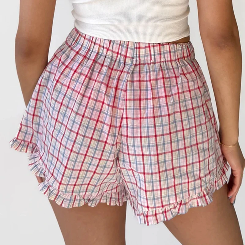 Pink Plaid Print Pajama Shorts Casual Elastic Loose Fit Button Lounge Shorts Kawaii Ruffles Boxer Shorts Fairy Y2K Streetwear